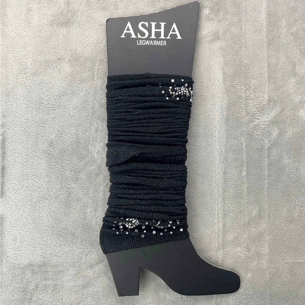 Asha Black Knit Legwarmers Rhinestone Embellished Shimmer Metallic One Size‎ NEW